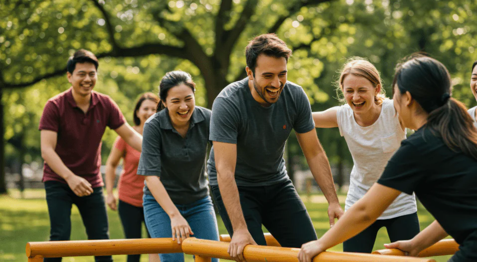Diverse group of coworkers laughing and collaborating during an outdoor team building activity, lifting a log together and demonstrating unity, communication, and trust