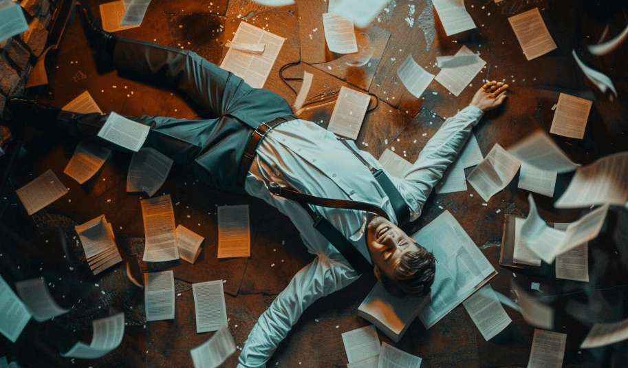 Person lying on the floor surrounded by scattered pages and papers, representing the process of rewriting limiting beliefs and replacing them with empowering truths