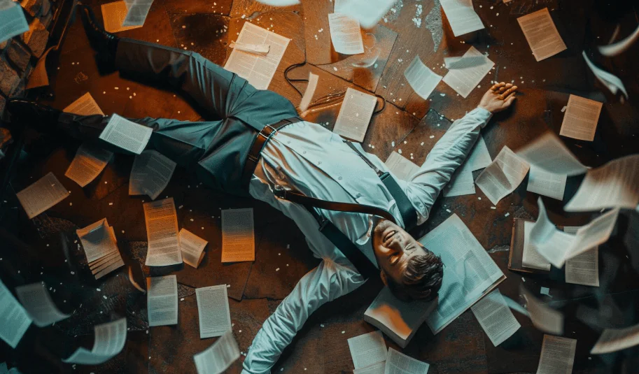 Person lying on the floor surrounded by scattered pages and papers, representing the process of rewriting limiting beliefs and replacing them with empowering truths