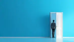 Man in a suit standing before an open door in a bright blue room, representing new opportunity and growth that comes after embracing failure