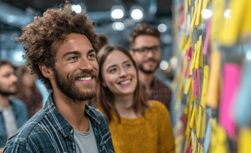 Two people smiling and looking at a colorful sticky note wall together, representing the process of recognizing and becoming aware of the visible and invisible labels that shape identity