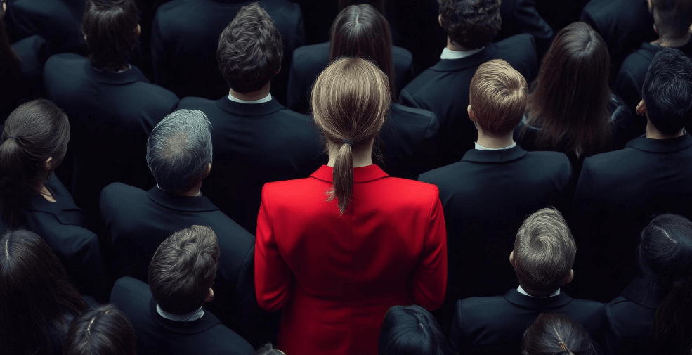 Woman in a bright red jacket standing out from a crowd of people dressed in black suits, symbolizing individuality, standing apart from conformity, and understanding the purpose of labels