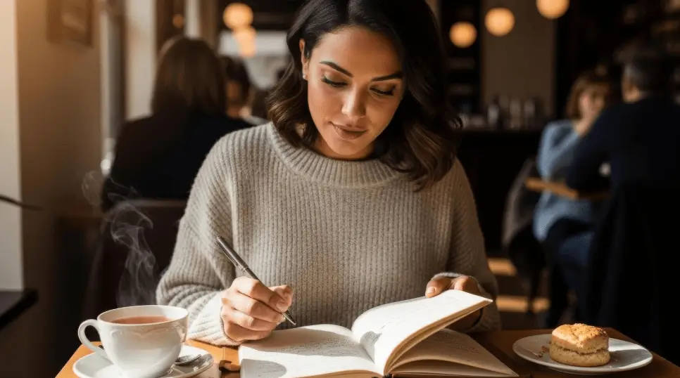 Woman journaling reflectively in a warm café with a cup of coffee, representing self-awareness and recognizing personal stories about failure