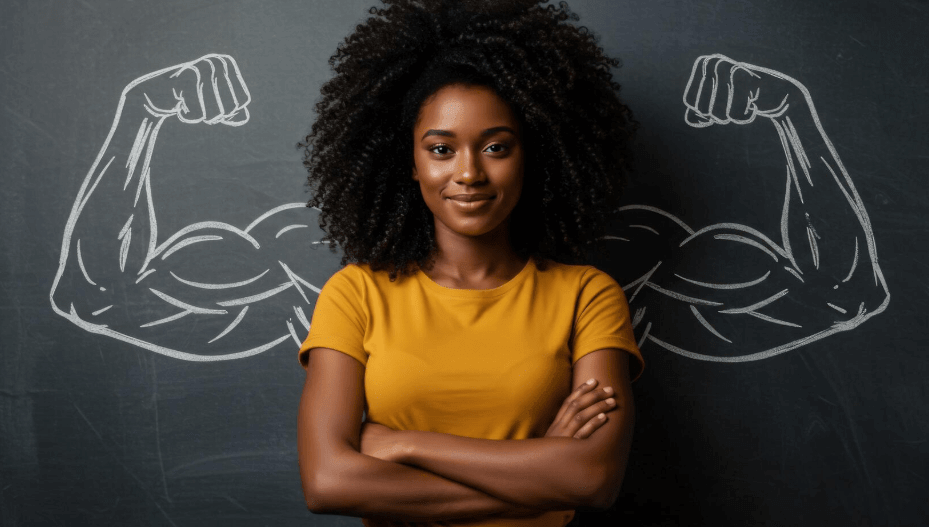 Confident woman in a yellow top standing arms crossed in front of a chalkboard illustration of strong flexing arms, representing the inner strength built through daily affirmations and self-trust