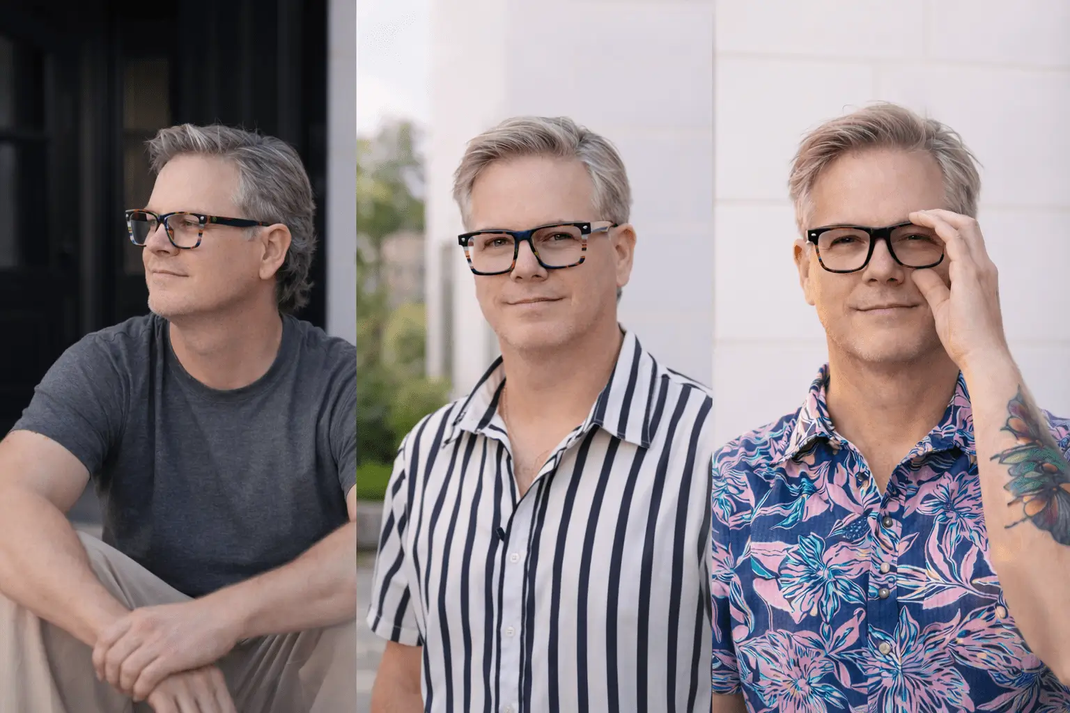 Ben, life coach and founder of SelfChangeWorldRevival, shown in three portrait styles representing personal transformation and authenticity.