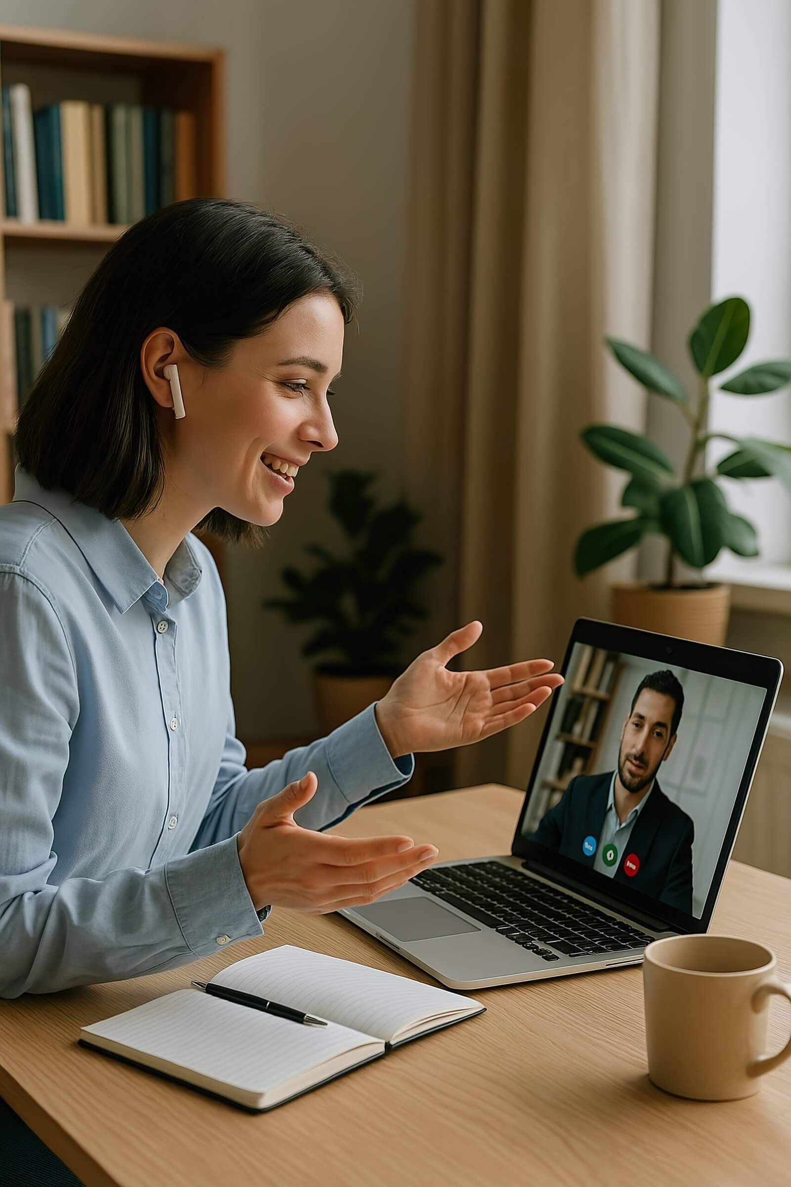 Woman participating in an online life coaching session through video call.