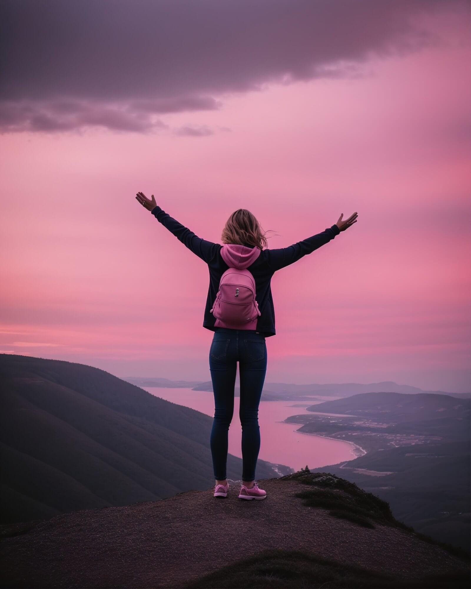  Person standing on a mountain with arms raised representing trust in oneself and personal transformation.