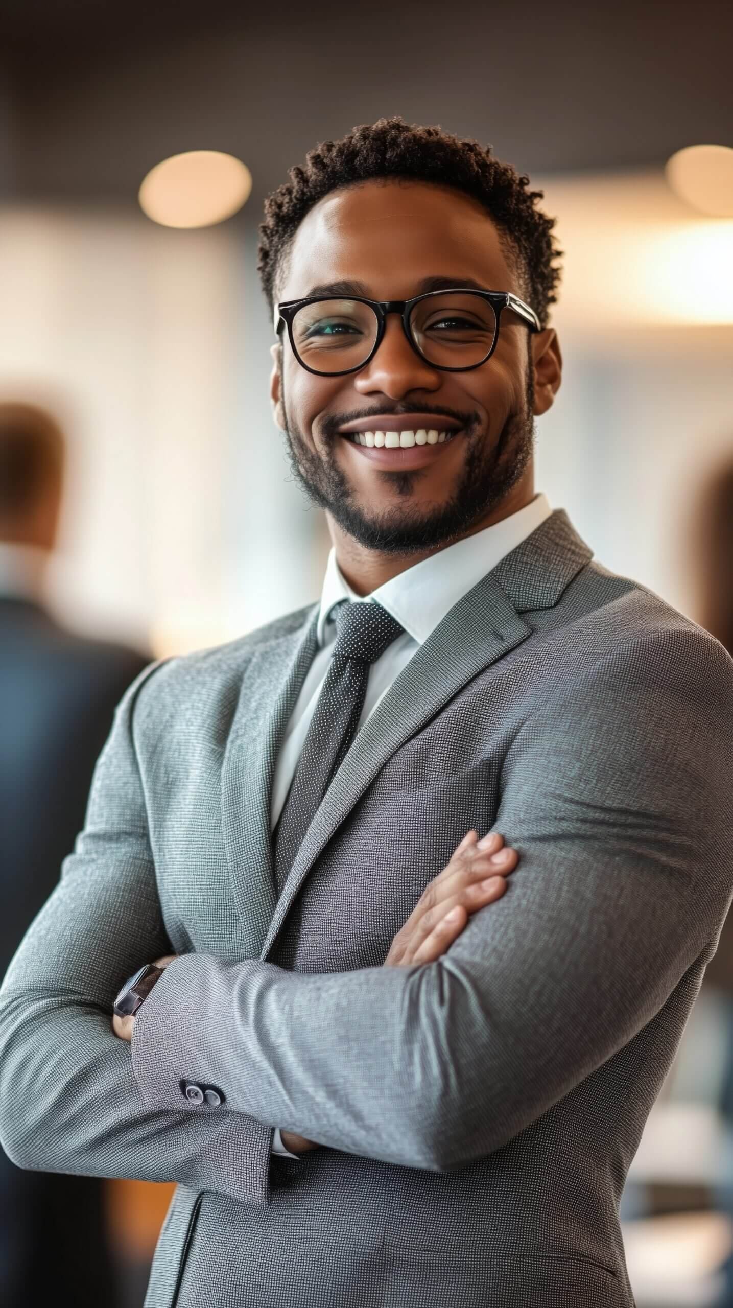Confident professional smiling with arms crossed representing self-confidence developed through life coaching.