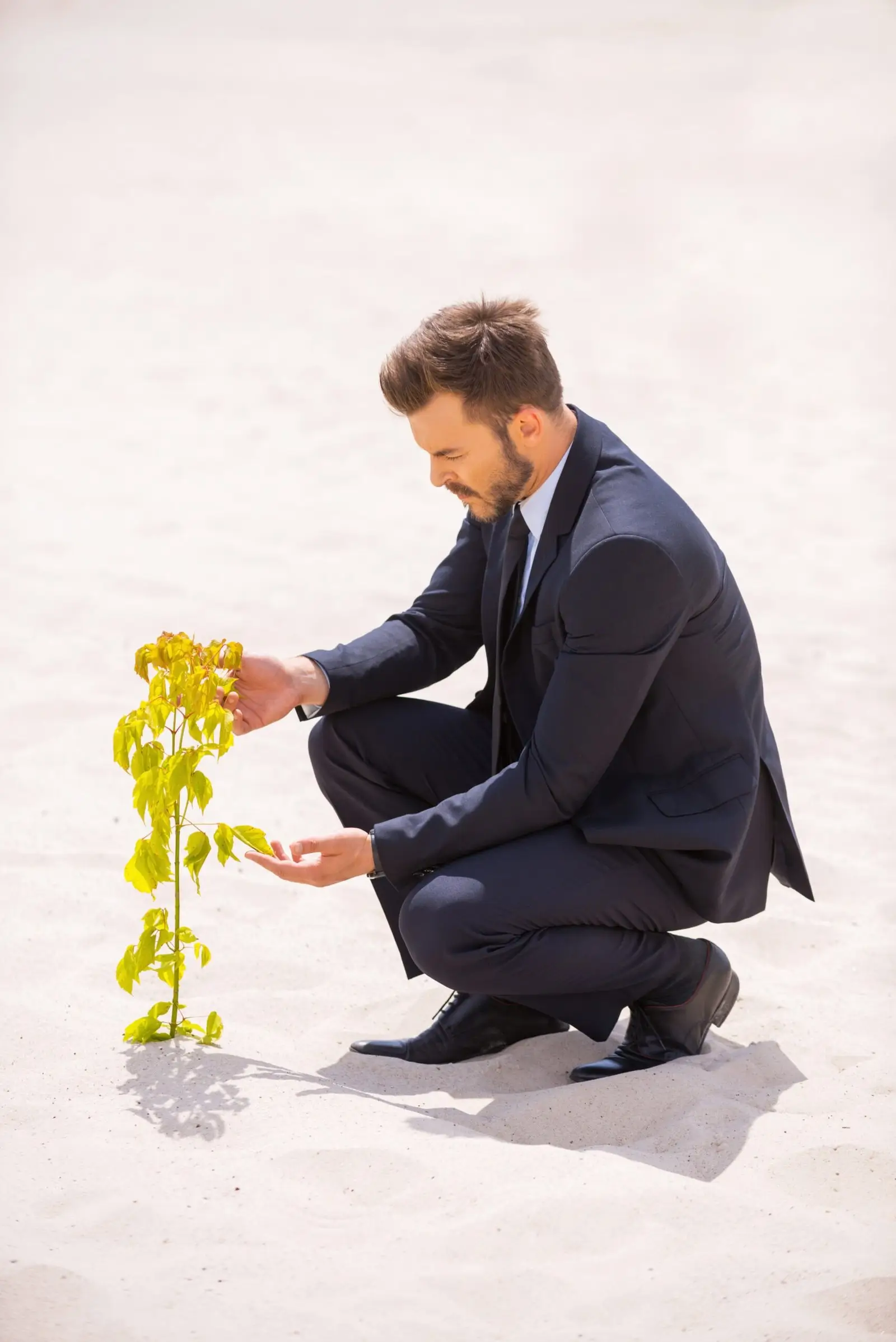 Man reflecting while holding a plant symbolizing personal growth and mindset development.