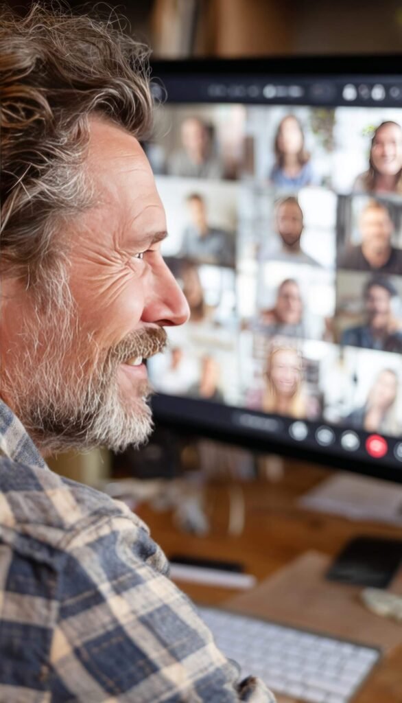 Person attending a virtual group coaching session with multiple participants on a video call.