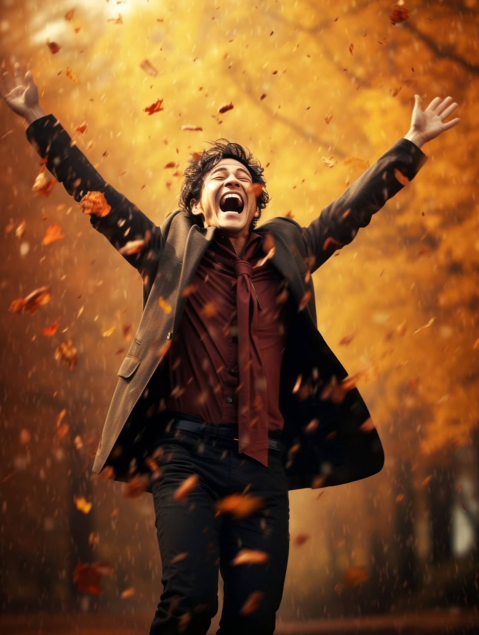 Man celebrating with arms raised representing breakthrough and personal transformation.