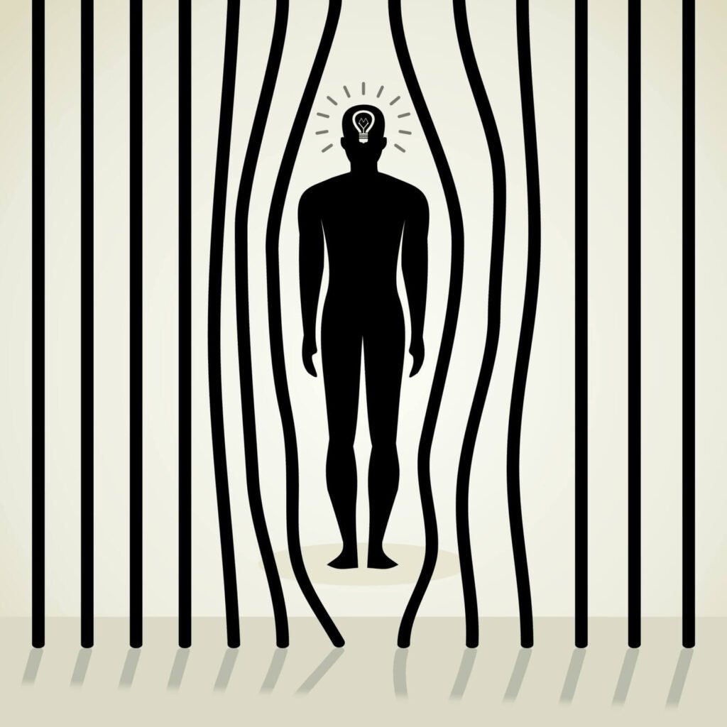 Human silhouette surrounded by abstract lines representing thoughts, identity, and breaking mental barriers.